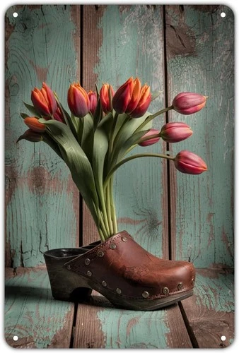 Tulip Flowers In Clog Tin Metal Signs Home Décor Vintage Floral Still Life Print