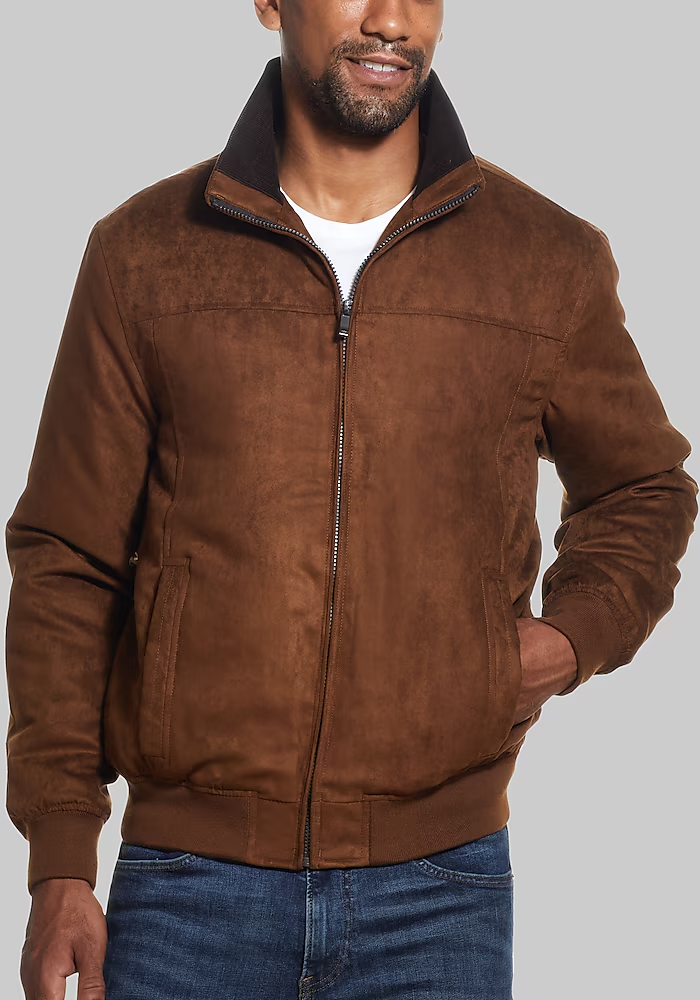 Men's Brown Vintage Microsuede Bomber Jacket - Weatherproof Medium