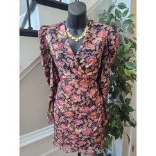Express Sheath Mini Dress S Multi Floral Wrap V-Neck Puff Shoulder Causal Party