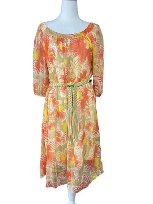 Diane von Furstenberg Dress Womens 6 Orange Yellow Floral Silk Braided Belt Boho