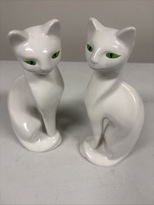 Vintage Pair Of 11'' Ceramic White Siamese Cat Figures  Green Eyes