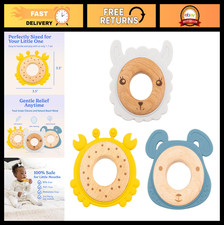 3-Pack Baby Teething Toys Food-Grade Silicone Beech Wood BPA-Free Animal S