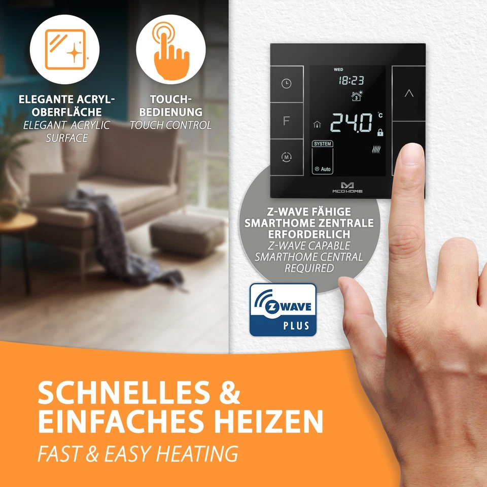 MCO Home Z-Wave Raumthermostat Thermostat schwarz Fußbodenheizung Infrarot-Heizu - Bild 2 von 4