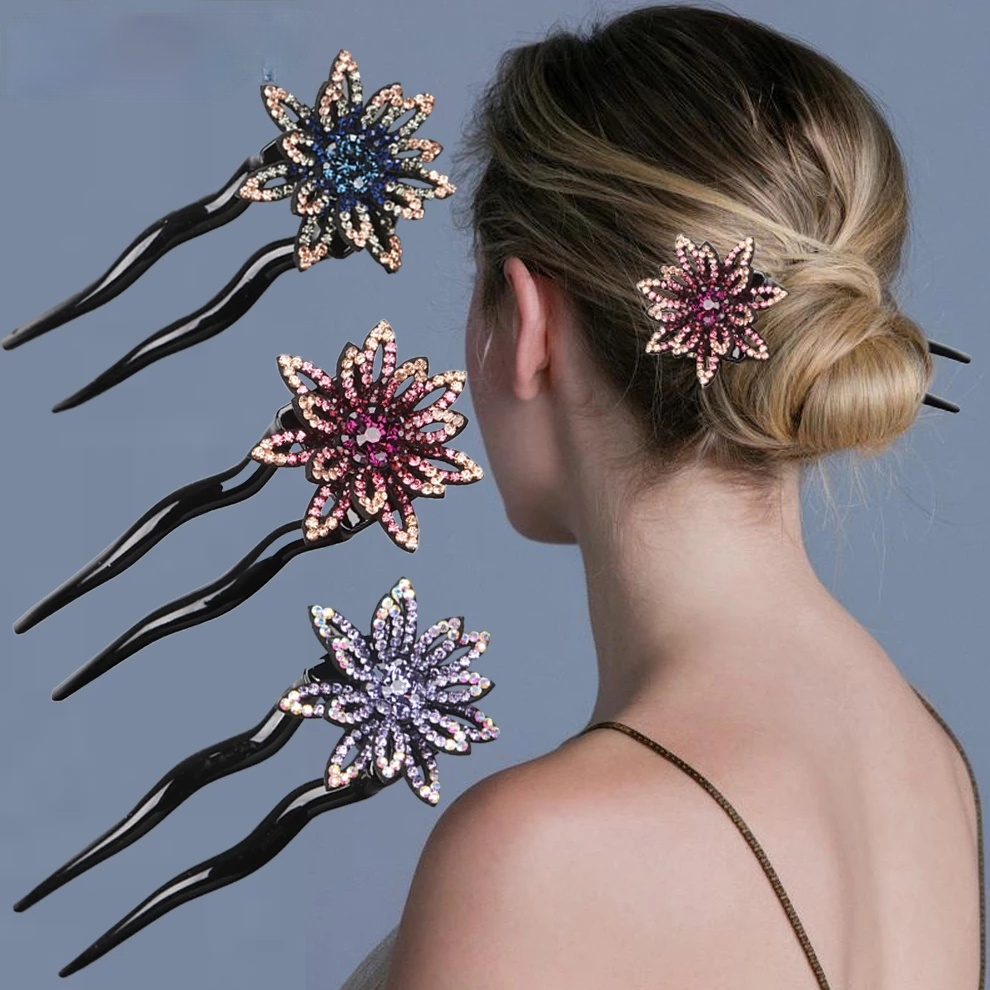 Rhinestone Hair Sticks for Women Flower Hairpins Ponytail Clips Hair Accessories