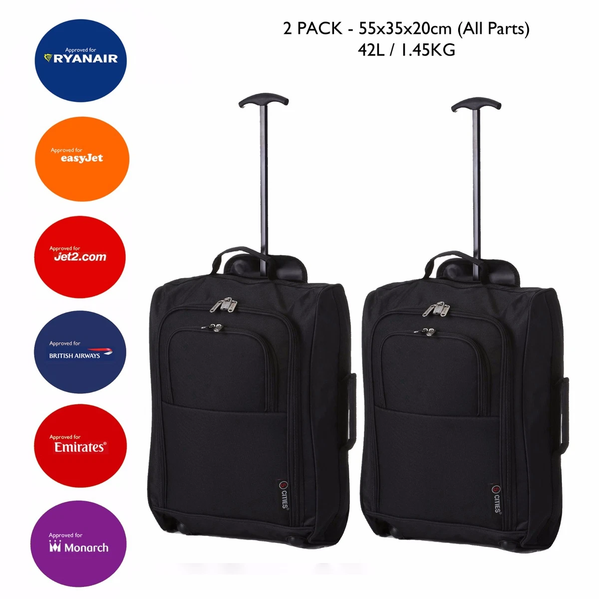 2XLightweight Hand Luggage Bag Baggage Wheeled Cabin Approved Ryanair New Prints