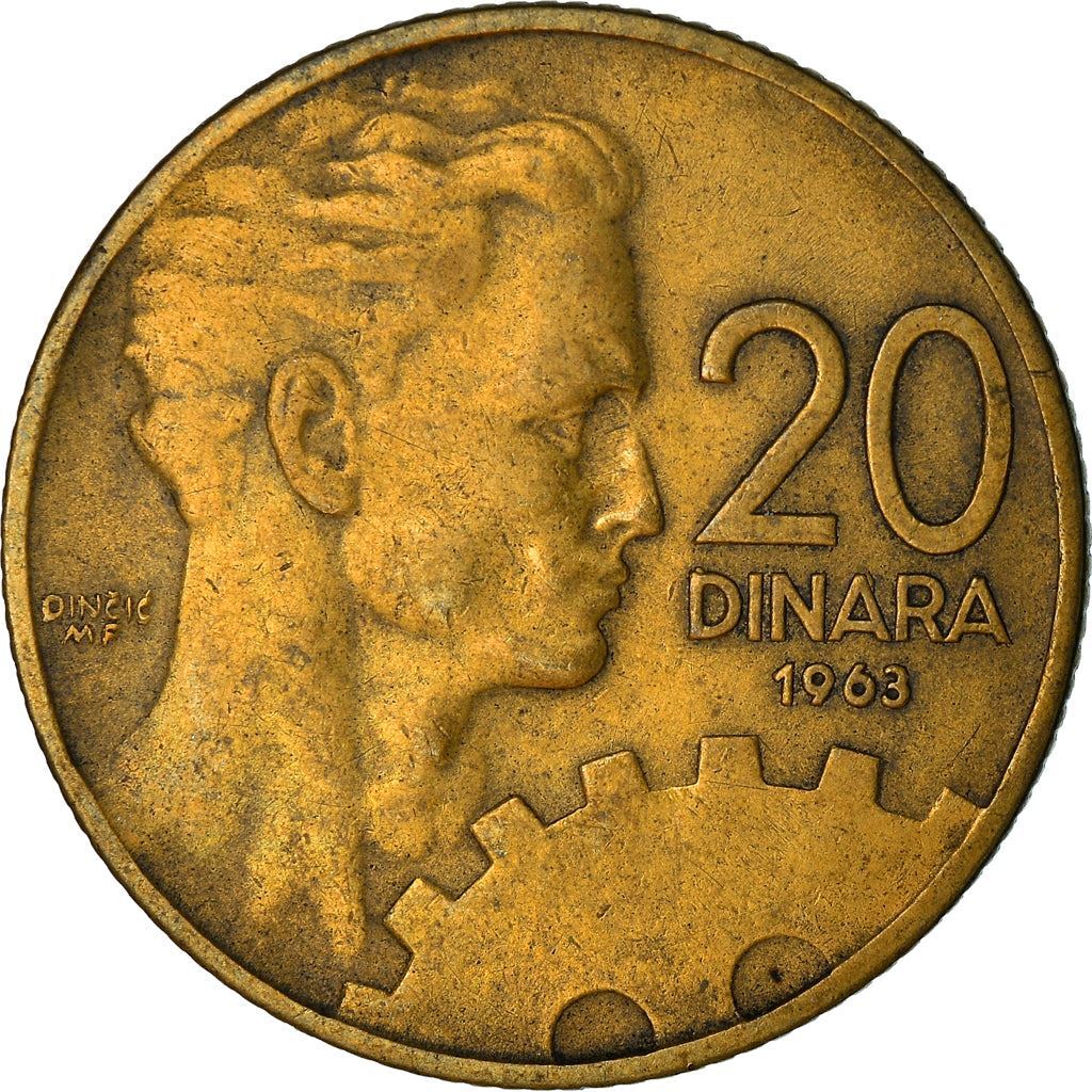 Yugoslavia | 20 Dinara Coin | Flame | Stars | Cogwheel | Yugoslav