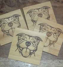 4 X UNIQUE,ENGRAVED STAFFORDSHIRE BULL TERRIER ,STAFFY . BAMBOO DRINKS COASTERS.