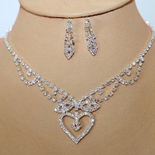 Jewelry Set Necklace Earrings Crystal Rhinestone Bride Chain Silver Heart 1