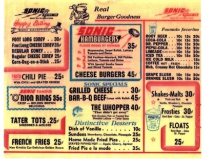 Sonic Drive-In Menu 1959 24 X 18 Inch POSTER Vintage Wall Art