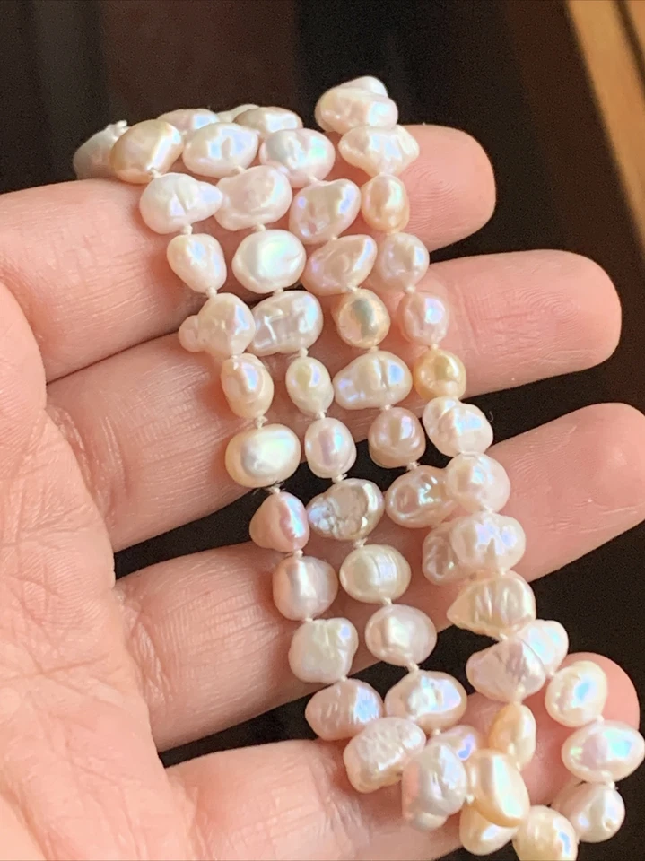 "Collar vintage de 8 mm anudado a mano de perlas barrocas de oro de 14 k cierre de barril 18""" Foto 3 de 4