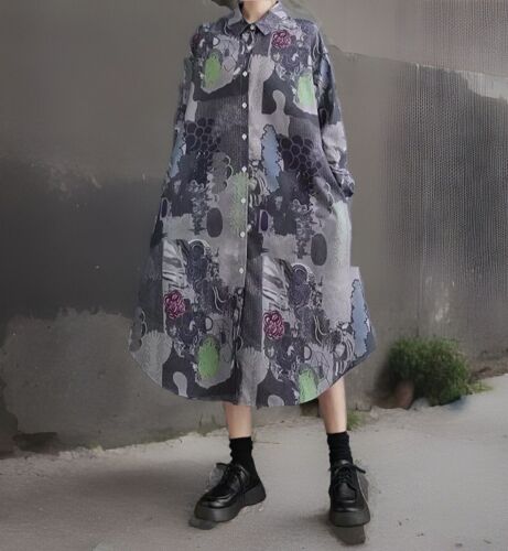 Urban Street Chic Arty Design Unique Edgy Print Designer Button Shirt Dress 16 - Picture 7 of 11