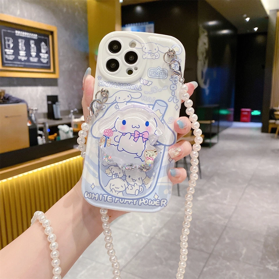 Linda Funda Protectora de Silicona para Teléfono Cinnamoroll con Cordón de Perla para iPhone 15 14 Foto 4 de 4