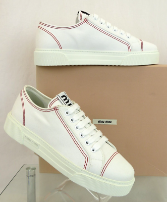 靴 Prada has MIU MIU MIU MIU PRADA 5E165D WHITE LEATHER METAL LOGO LACE UP