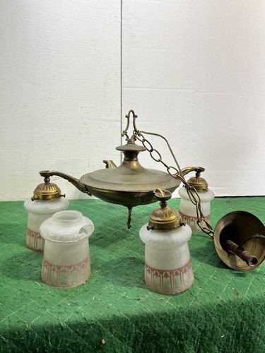 Vtg Antique Nouveau Brass Pan Ceiling Light 4 Arm Chandelier Pink Frosted Glass - Picture 3 of 24