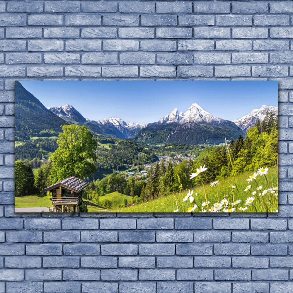 Tableau sur verre 140x70 cm paysage de montagnes et champs pour decoration murale