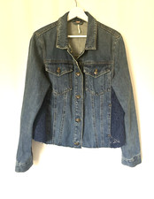 Free People Denim Jacket Large Blue Crochet Panels Boho Raw Edge Buttons