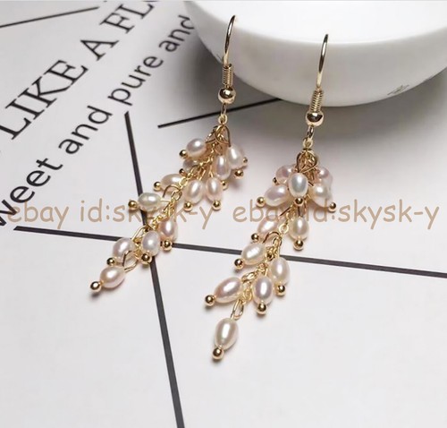 Natural White Freshwater 5-6mm Rice Pearl Grape Cluster Dangle Hook Earrings - Picture 5 of 6