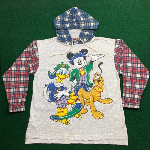 Vintage Disney Shirt Mens M Gray Blue Red Hoodie Plaid Mickey Donald Pluto 90s - 第 2/17 張圖片