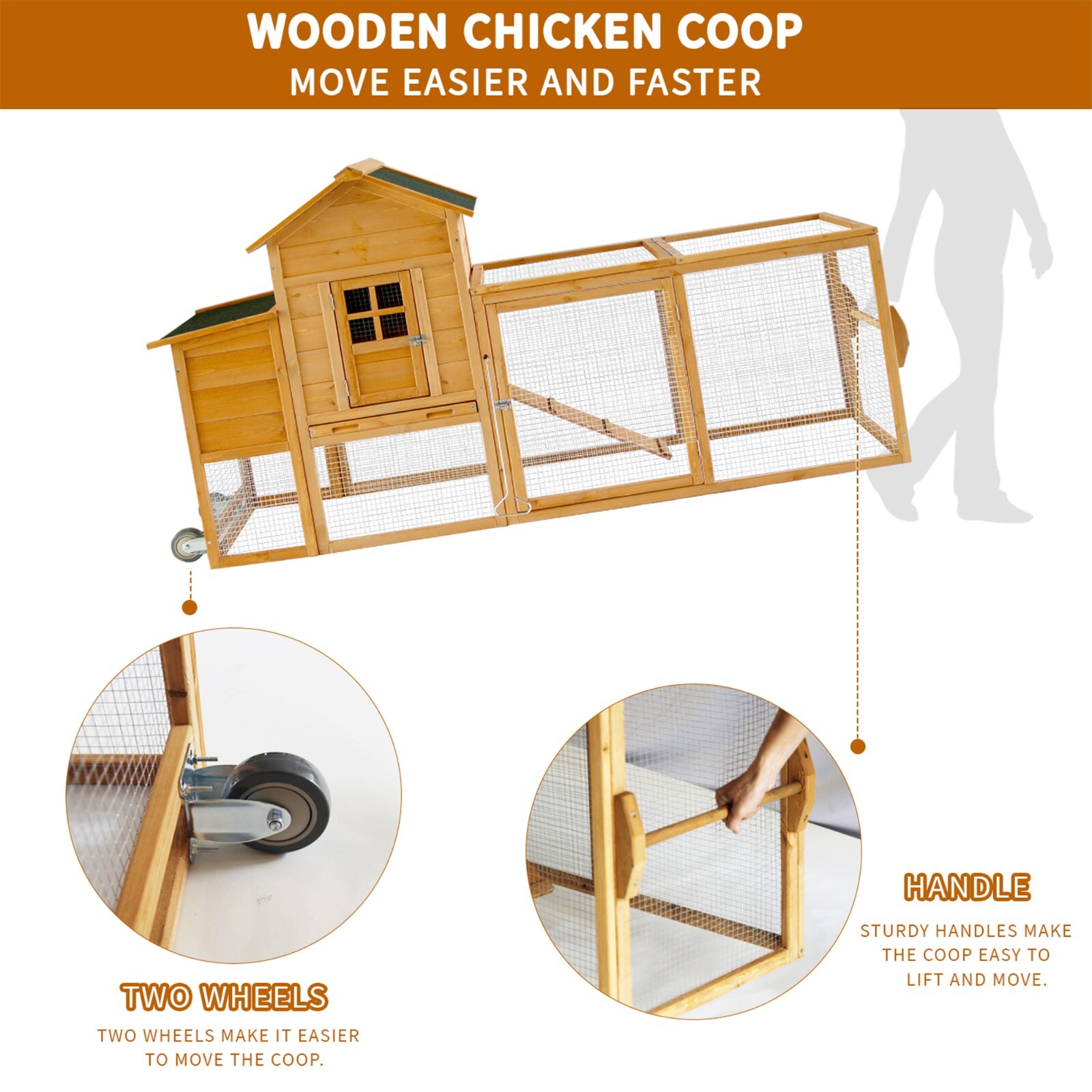 80'' Chicken Coop with Wheels&Nesting Box,Mobile Chicken House for 2-4 Chickens
