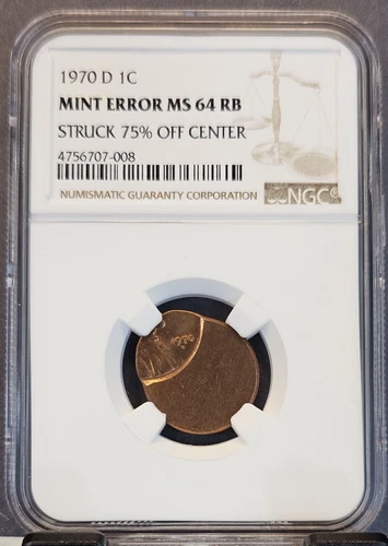 1970 D LINCOLN CENT 1C NGC MS 64 RB MINT ERROR STRUCK 75% OFF CENTER