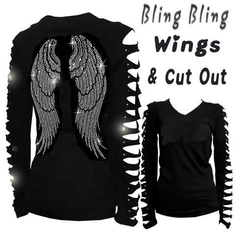 BLING BLING ANGEL WINGS RHINESTONE,RIPPED SLIT CUT OUT LONG SLEEVE T SHIRT S~4XL - 第 1/9 張圖片