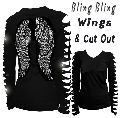 JUNIOR PLUS SIZE ANGEL WINGS RHINESTONE,RIPPED SLIT CUT OUT LONG SLEEVE T-SHIRT - Afbeelding 1 van 9