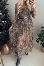 Brown Western Print Mesh Long Sleeve Maxi Dress