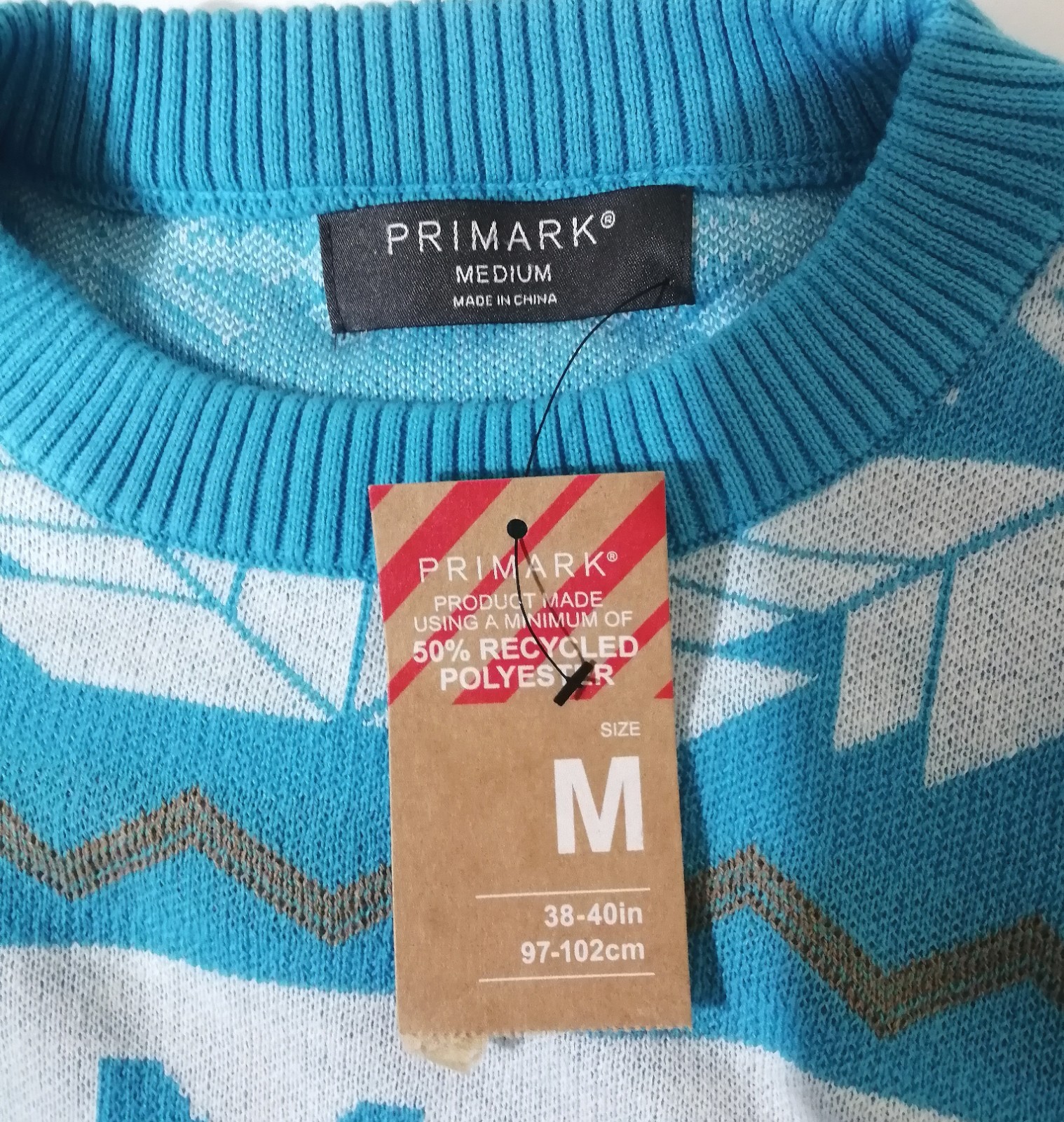 Primark Logo Brown Bags Store Christmas Snowflakes Blue Jumper Sweater Size M image 6