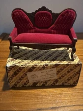 NIB Vintage Concord Miniatures Victorian Couch Settee Red Velvet Sofa Real Wood