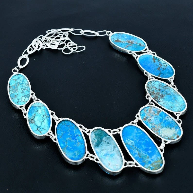 Collar de joyería de plata de ley 925 hecho a mano con piedras preciosas turquesa Foto 2 de 4