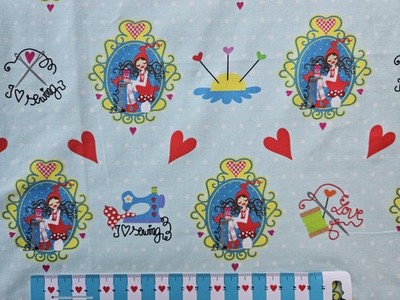 Stoff 60 x 140 cm ZWERGENSCHÖN '' I Love sewing '' Nähen Baumwolle Webware