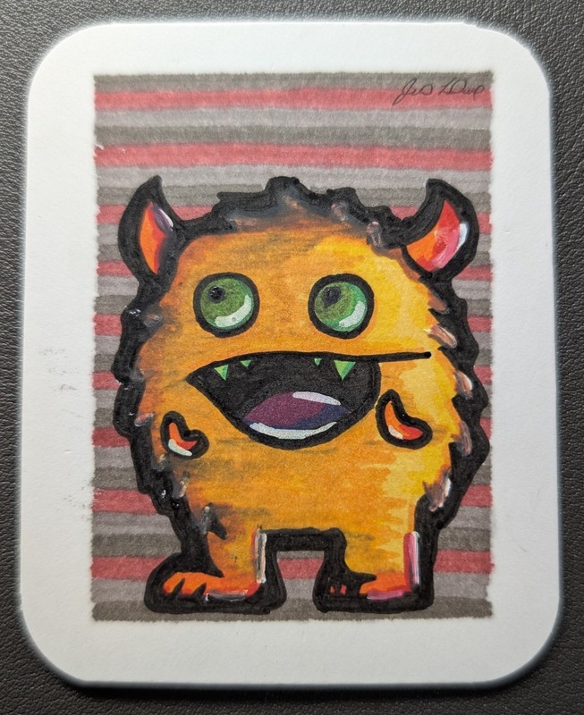 ACEO Original Art Card, Alcohol Markers & Ink- "Orange Monster #1" by FlyOverArt