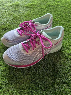 Asics Womens Dynaflyte Size 9.5 T6F8Y Running Shoes Sneakers Gray/Pink/Green