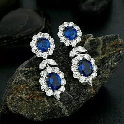 2.50Ct Oval Cut Simulated Blue Sapphire Fancy Drop Earring 14k White Gold Plated