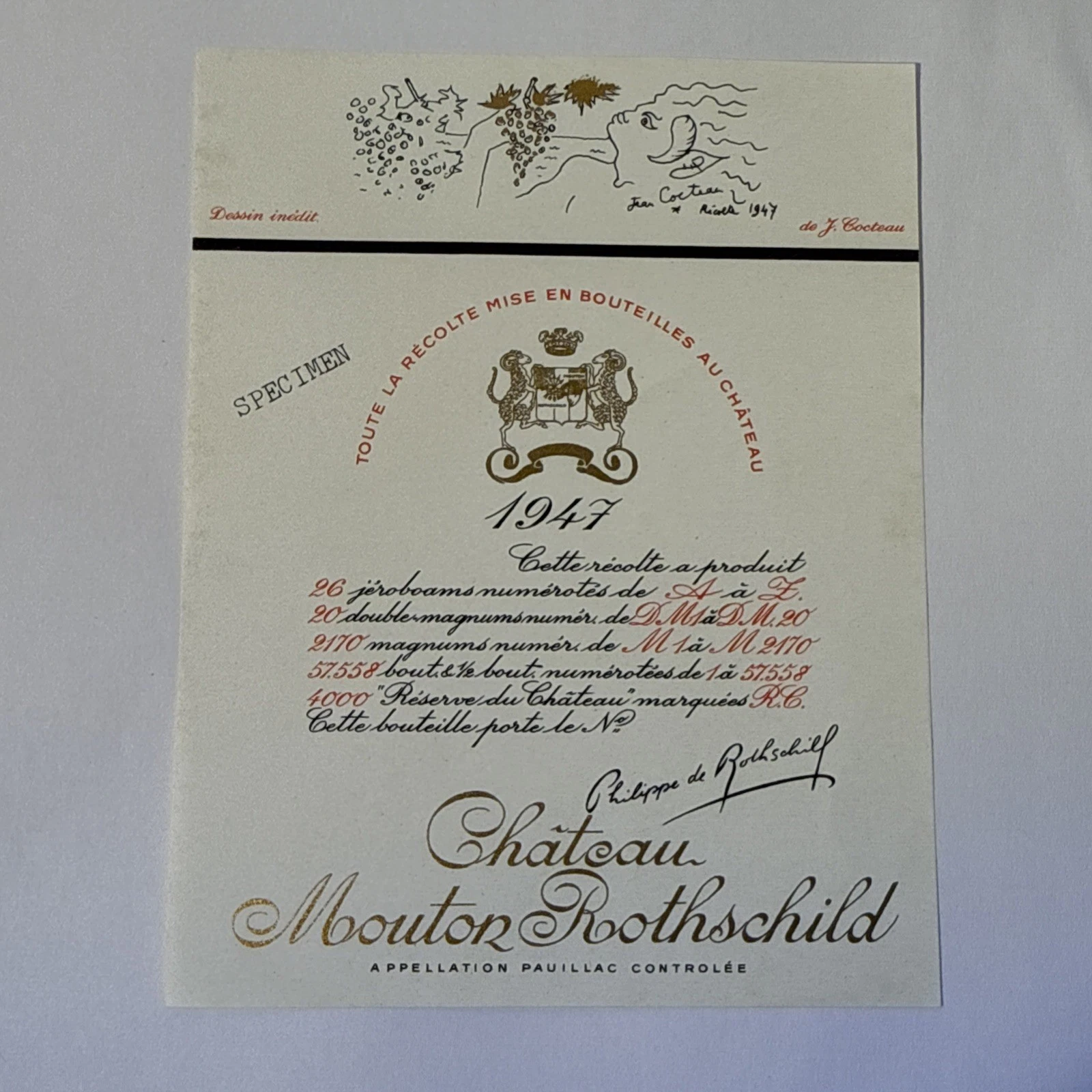 Étiquette De Vin Château Mouton Rotschild Spécimen 1947