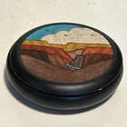 Studio Pottery Southwestern Colorado River scene Bowl w/ Lid Felt Leather Lined