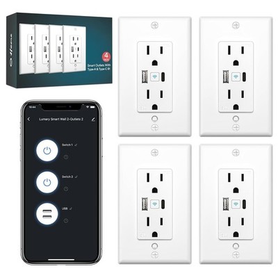 4 Pack Lumary Smart USB Outlet with WiFi, Type-C & USB-A Ports, Voice Control