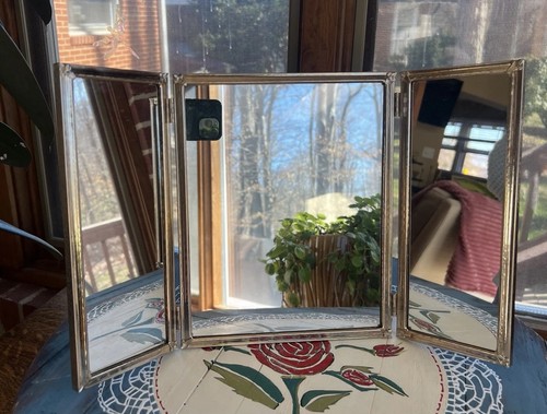 VTG Tri Fold Vanity Mirror Gold Tone Metal Folding Dressing Table Mirror