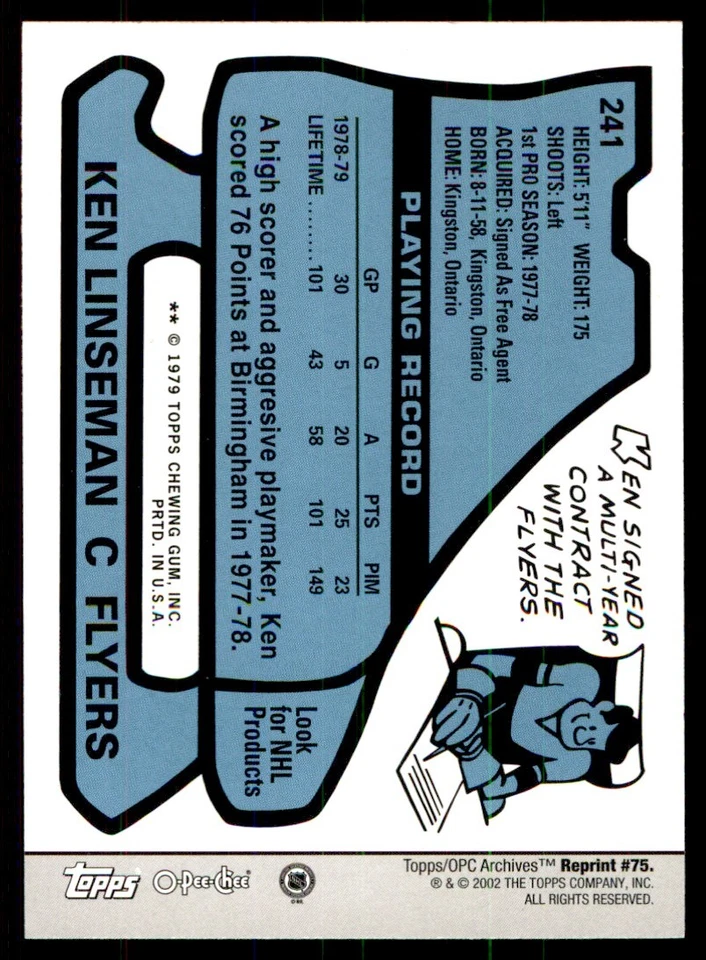 2001-02 Topps / O-Pee-Chee Archives Ken Linseman #75 - Image 2 of 2