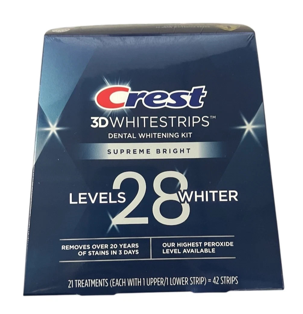 CREST 3D Levels 28 SUPREME Bright, Teeth Whitening Strip Kit 42 strips EXP 11/25