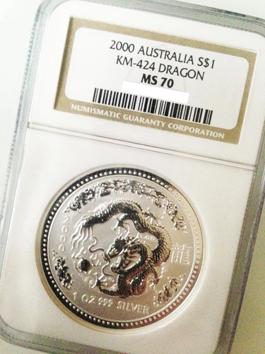 2000 P Australia S $1 Lunar Dragon 1 oz Silver KM-424 NGC MS70