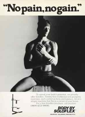 1983 Soloflex PRINT AD No Pain No Gain Iron Pumping Exercises One Simple Machine
