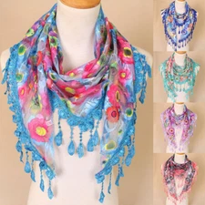 Womens Lace Floral Print Triangle Veil Church Mantilla Scarf Shawl Wrap Tassel✔