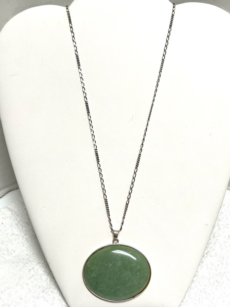 Vintage Jadeite Necklace Green Stone 925 Sterling Silver Chain 24