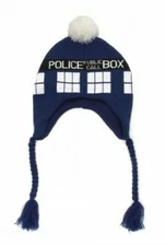 DOCTOR WHO TARDIS BBC Licensed LAPLANDER Style Knitted Pompom Beanie Hat