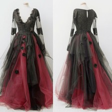 Gothic Black and Red Wedding Dresses V-Neck Long Sleeves Ruffled Bridal Gowns