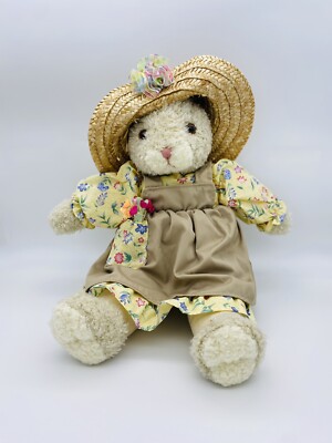 Easter Bunny Rabbit Fllower Dress Straw Hat Brown Stuffed Animal