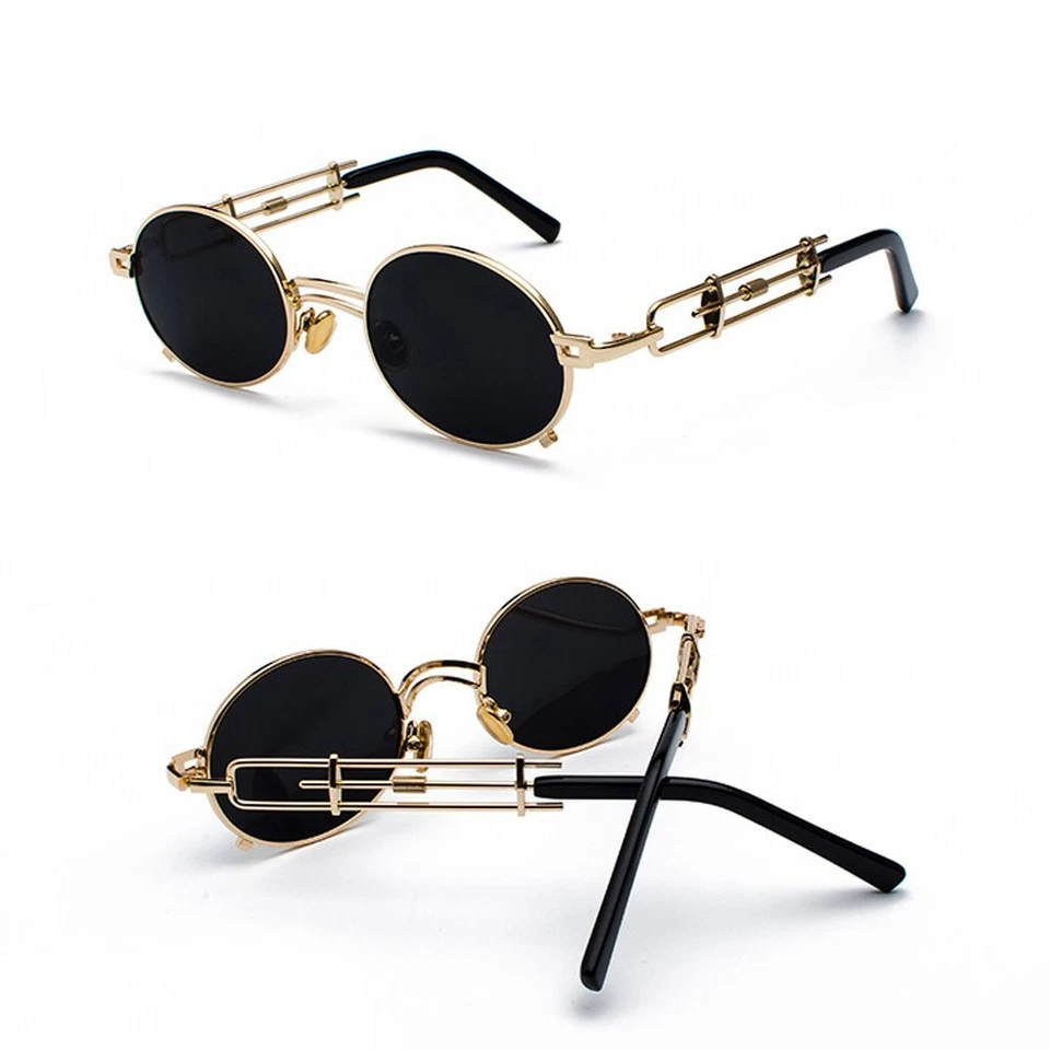 Óculos de sol oval steampunk - Óculos de resfriamento armação de metal dourado lente de resina óculos - Imagem 4 de 4