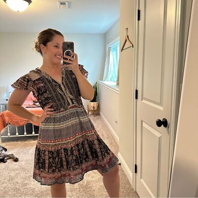 Sea New York Black Purple Green Cotton Printed Mini Dress Large | eBay