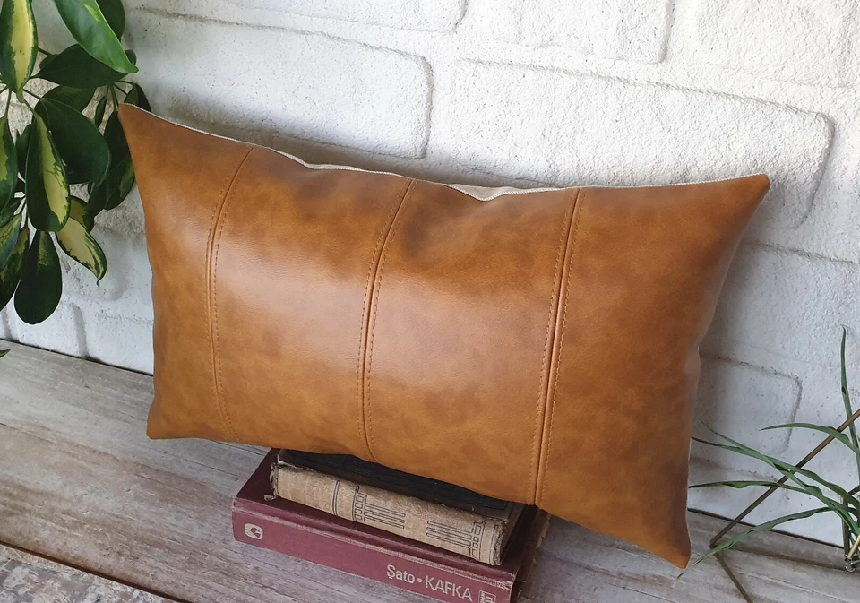 Oscar camel  pieced model faux leather lumbar pillow cover -1qty - Image 2 of 4